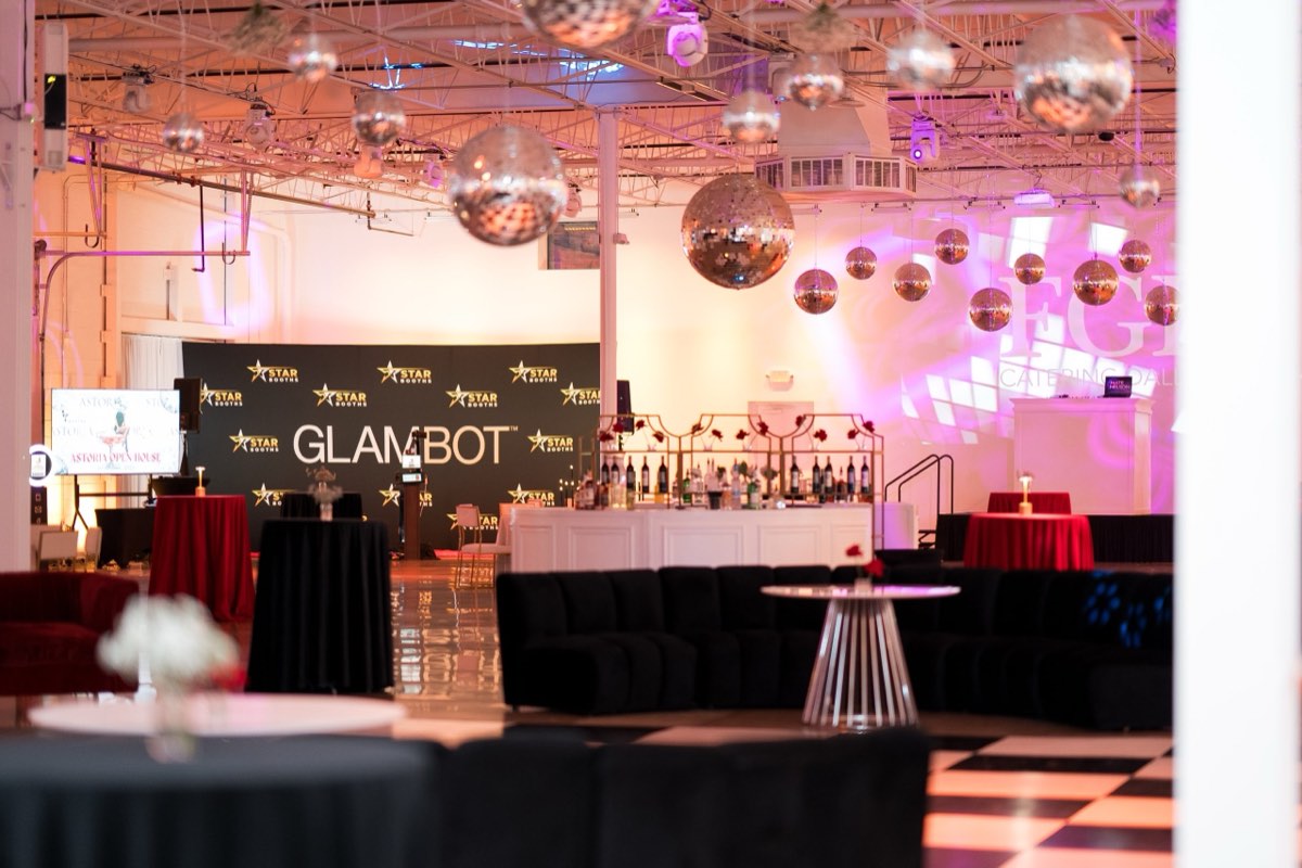 Cocktail bar under a ceiling of disco balls at Astoria Event Venue